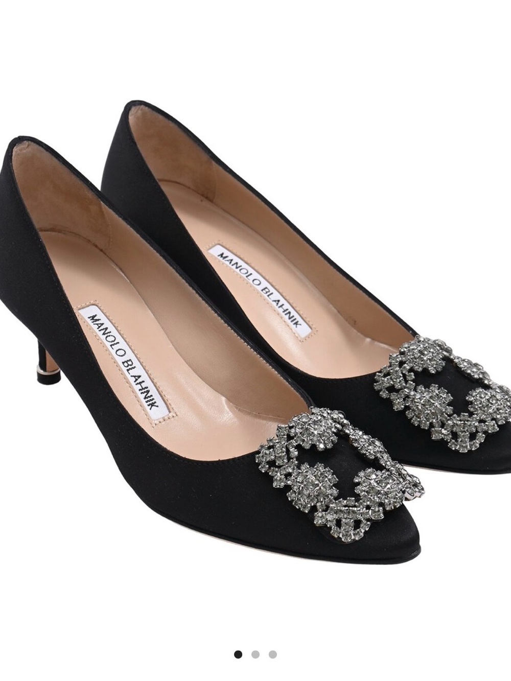 Manolo Blahnik Black Satin Pumps with Crystal Embellishment